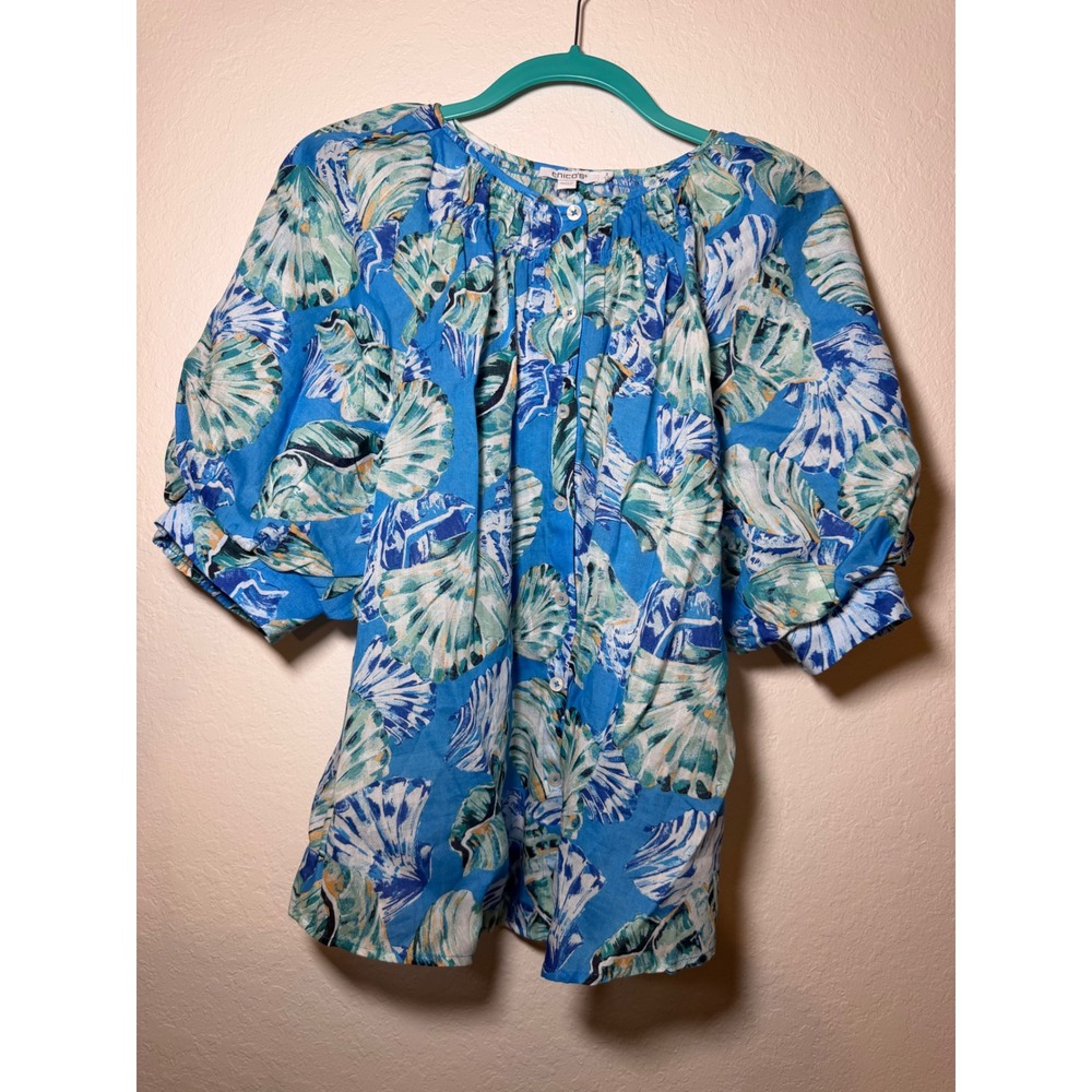 Chicos Blue Seashell Print Puff Sleeve Ramie Lyocell Blouse Top Size 2 US 12
